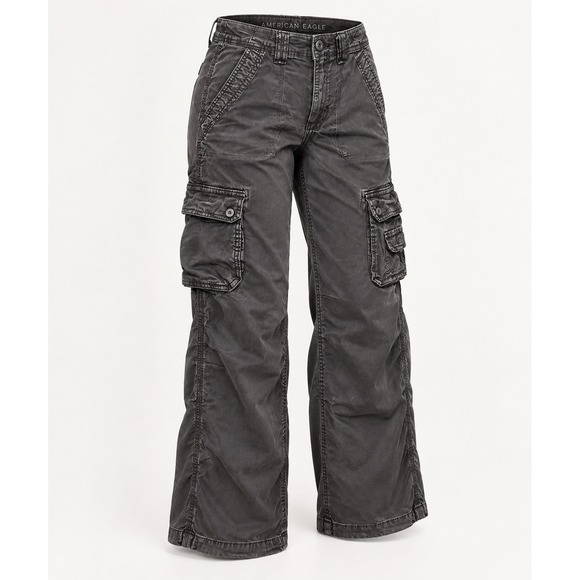 American Eagle Outfitters Pants - American Eagle Cargo Pants Womens 8 Gray Wide Leg Utility Y2K Grunge Streetwear